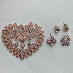 Pretty Pink Lot Of Costume Jewelry.  2 Pendants,   Brooch, earrings